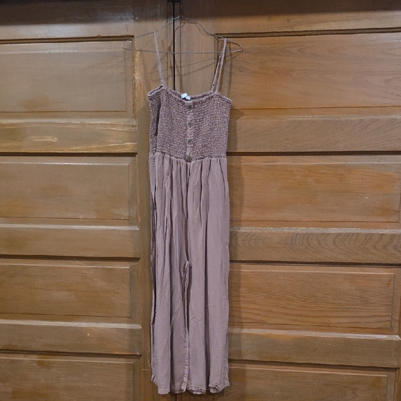 Love Tree Pants - Love Tree Mauve Smocked Button-Front Spaghetti-Strap Jumpsuit